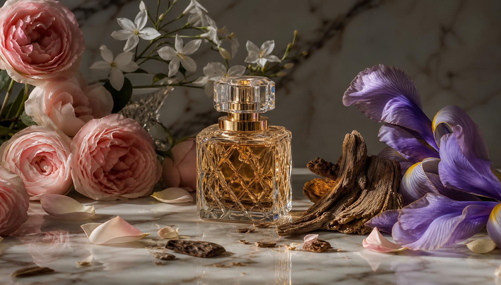 Matières premières de parfumerie : essences, pétales de rose, jasmin et bois de cèdre